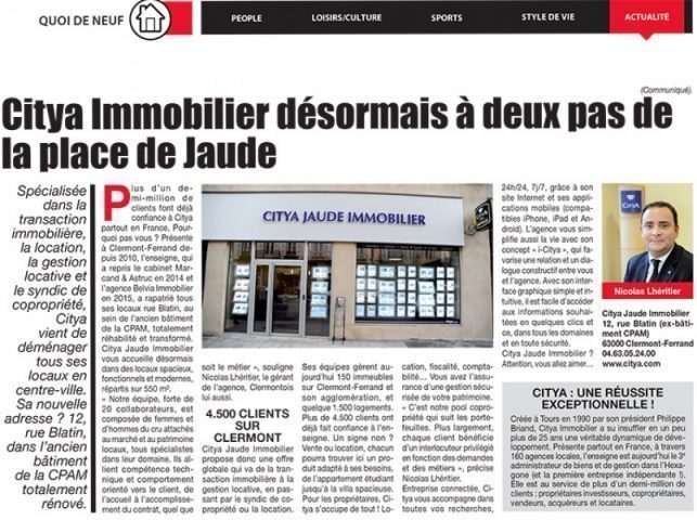 Vu dans la presse : le déménagement de l’agence Citya Jaude à Clermont-Ferrand