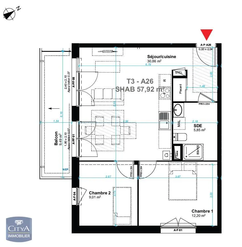Photo 1 Appartement 3 pièces 57.92m²