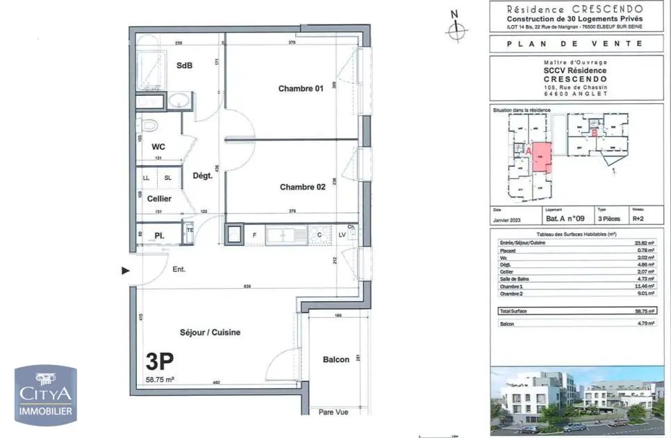 Photo 1 Appartement 3 pièces 58.75m²
