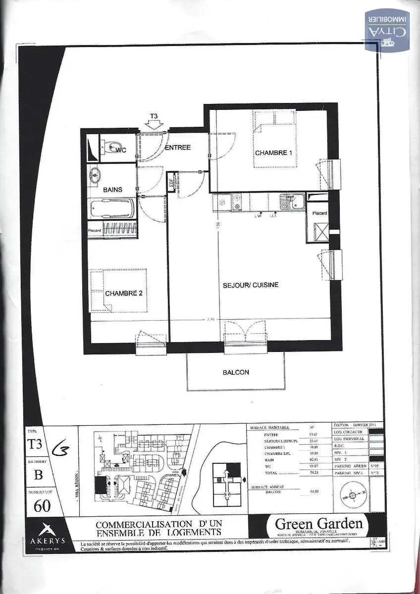 Photo 2 Appartement 3 pièces 54.17m²